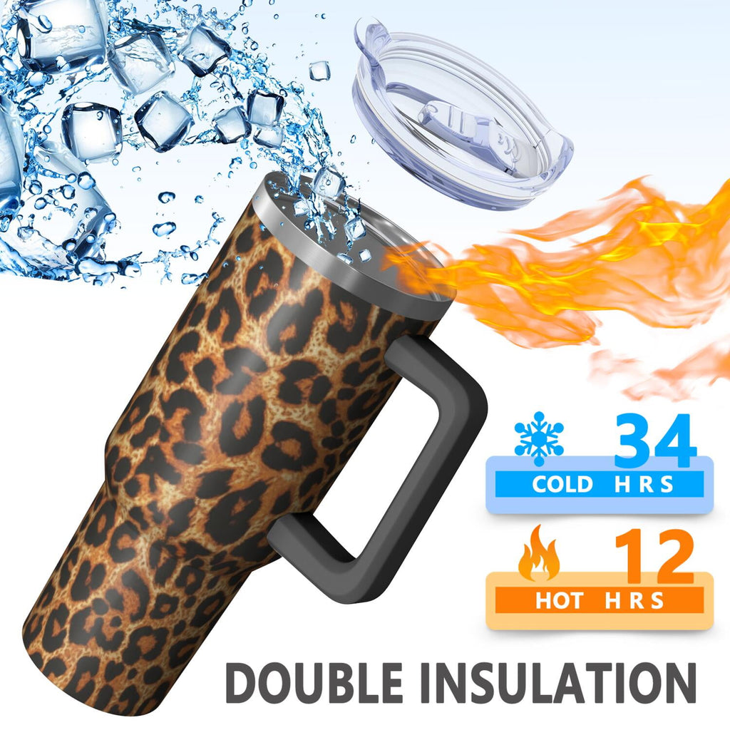 Leopard Print 40oz Tumbler with Handle and Straw, Large Capacity Travel Cup for Hot & Cold Drinks, Double Walled Vacuum Insulated Cup,Birthday Gifts for Women Girls