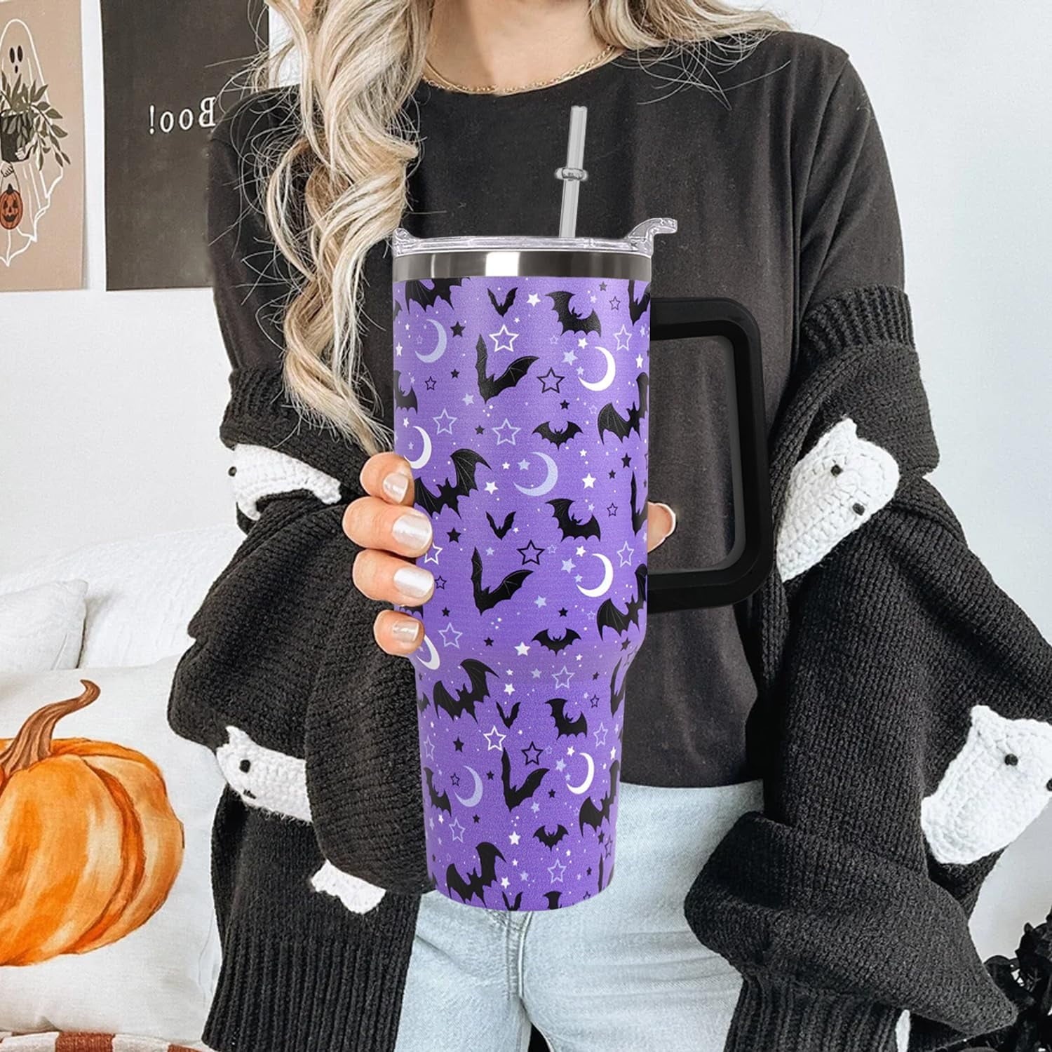 40 oz Bat Coffee Mug Cup Vacuum Insulated Travel Tumbler with Handle Lid and Straw,Gothic Gifts,Halloween Accessories Stuff