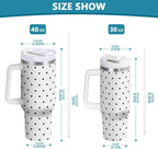 40 oz Tumbler with Handle Lid and Straw Insulated Water Tumbler Stainless Steel Water Cup Mug Bottle Reusable Cup Holder Friendly Polka Dot White
