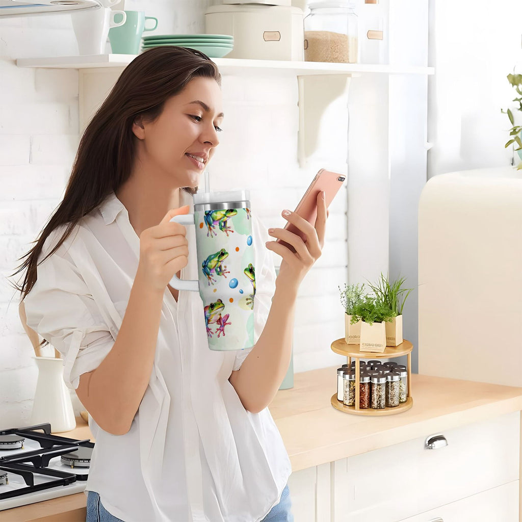 Ryvnso 40 oz Tumbler with Handle and Straw Cartoon Frogs Green Insulated Stainless Steel Travel Mug with Lid