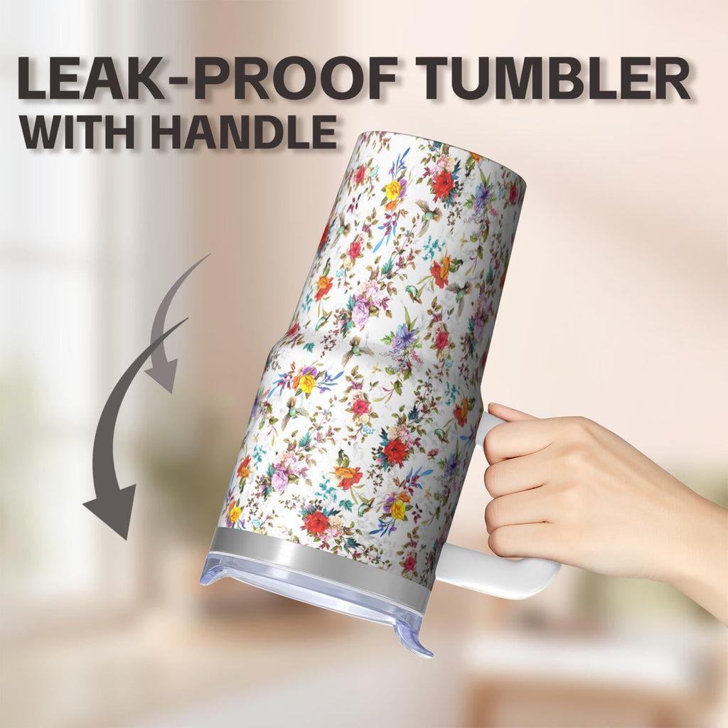 20oz Elegant Floral Vintage Spring Tumbler with Handle and Straw, Chinoiserie Bloom Pattern Coffee Cup, Insulated Travel Mug