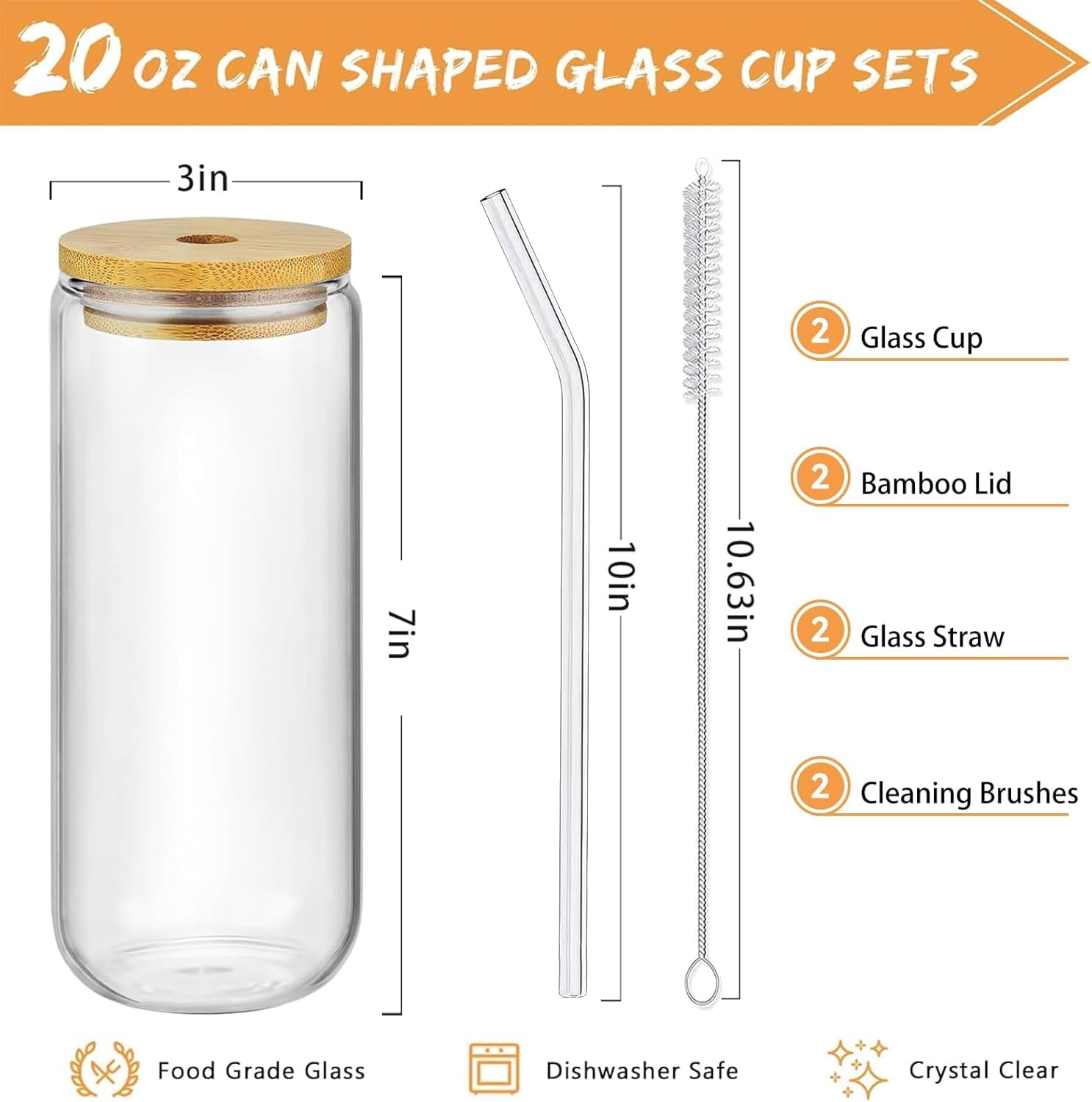 20 Oz Glass Cups with Lids and Straws 2Pcs,Glass Iced Coffee Cups,20 Oz Glass Tumbler with Bamboo Lid and Straw for Smoothie,Cocktail Beer, Whiskey,Soda(2 Clean Brush)