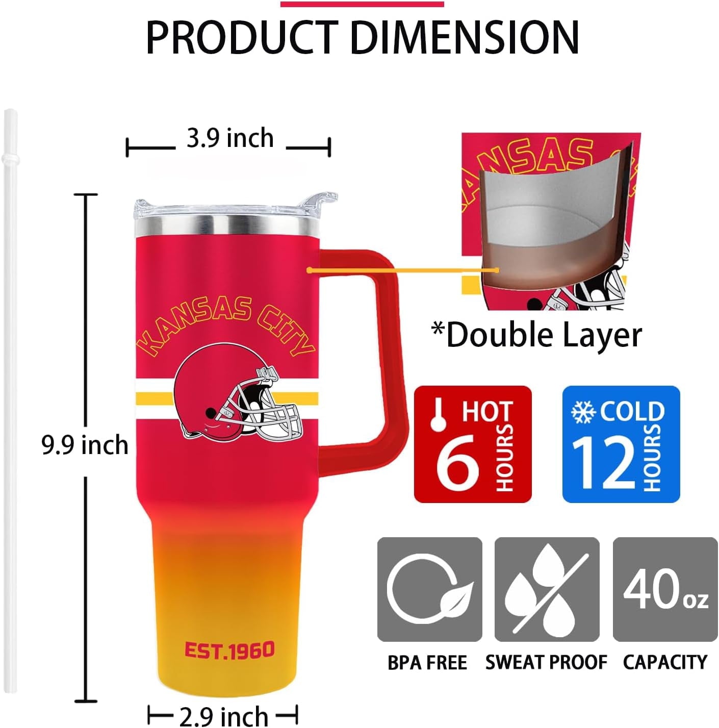 Kansas City Tumbler Cup - Kansas City Gifts for Men - 40 OZ Insulated Stainless Steel Coffee Travel Mug with Lid and Straw