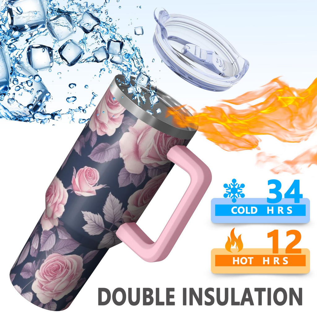 OBREWU Pioneer Flower Tumbler with Handle and Lid,Pioneer Flower 40oz Double Wall Vacuum Insulated Tumbler,Cups Gift for Women and Men