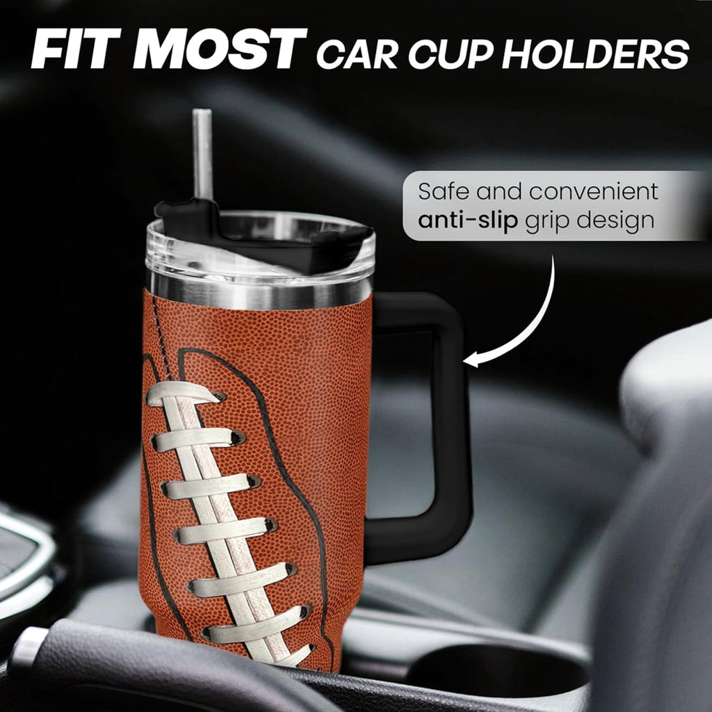 Football Tumbler with Handle 40oz Insulated Stainless Steel Cup with Lid & Straw, Travel Cup, Gifts for Men, Boys, Players, Coaches, Sports Lovers, Christmas, Birthday