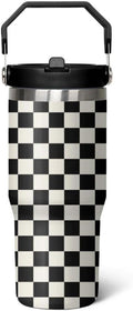 30 Oz Black and White Checkered Tumbler with Flip Lid, Handle & Straw - Insulated Travel Mug, Water Bottle, Coffee Cup - Gifts for Women & Men
