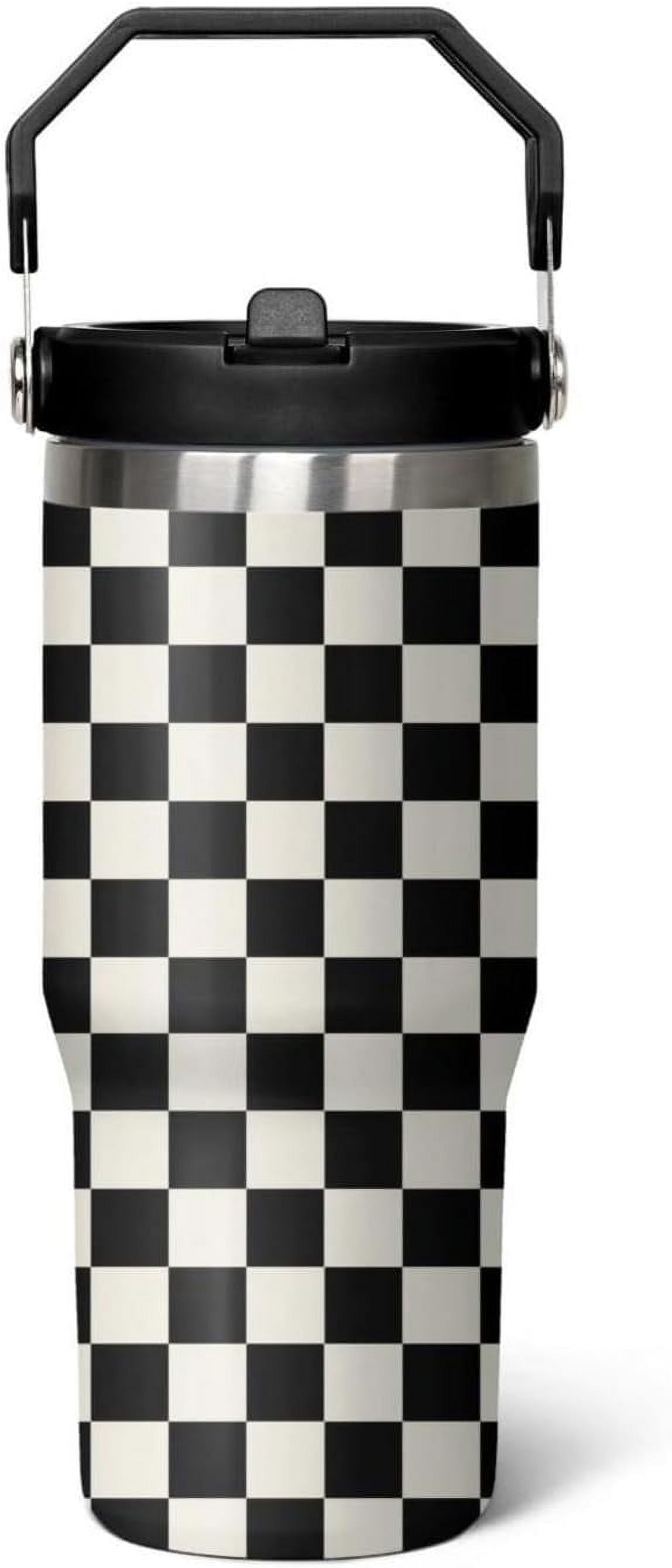30 Oz Black and White Checkered Tumbler with Flip Lid, Handle & Straw - Insulated Travel Mug, Water Bottle, Coffee Cup - Gifts for Women & Men