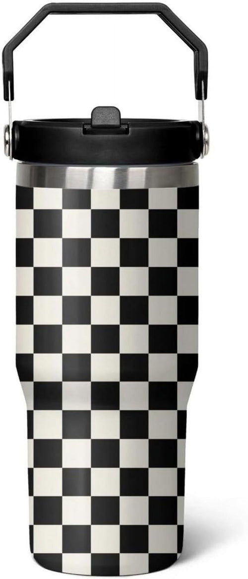30 Oz Black and White Checkered Tumbler with Flip Lid, Handle & Straw - Insulated Travel Mug, Water Bottle, Coffee Cup - Gifts for Women & Men