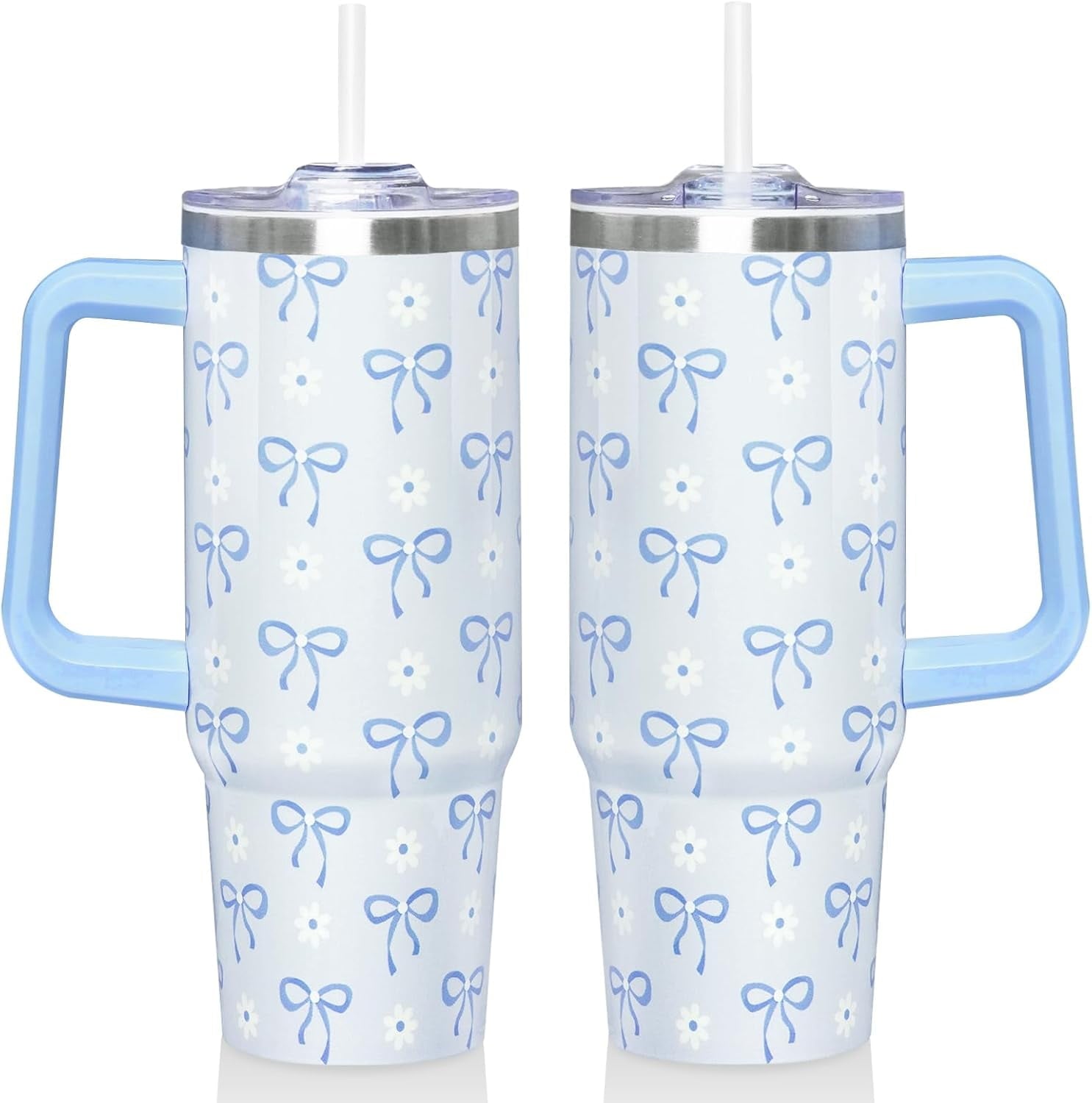 30 Oz Blue Bow Tumbler with Handle and Straw, Insulated Stainless Steel Coffee Travel Cup Mug Water Bottle, Blue Bow Themed Gifts for Women Teen Girl