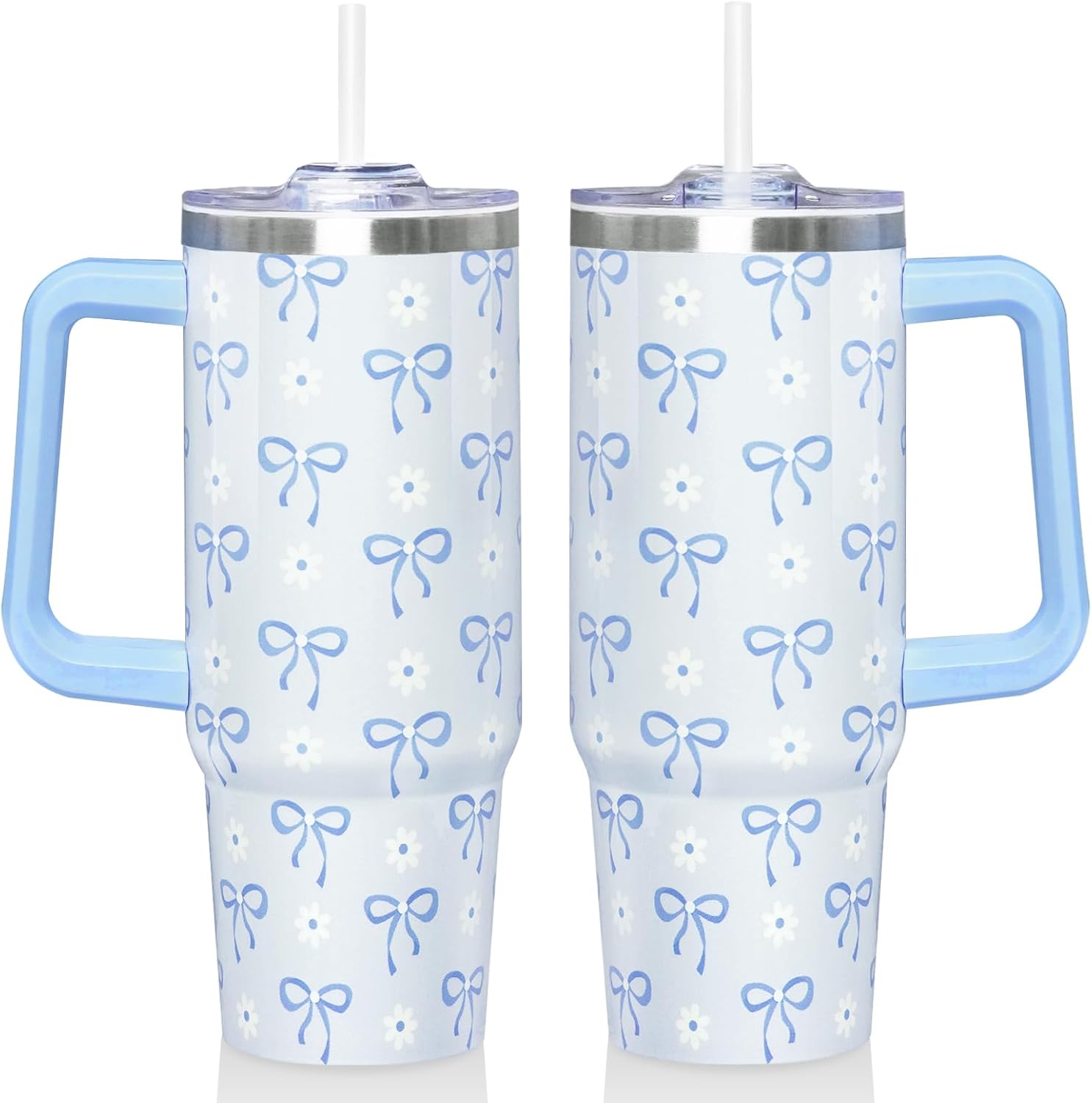 30 Oz Blue Bow Tumbler with Handle and Straw, Insulated Stainless Steel Coffee Travel Cup Mug Water Bottle, Blue Bow Themed Gifts for Women Teen Girl