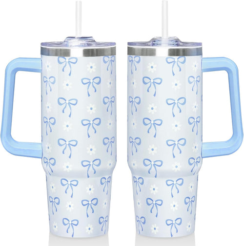 30 Oz Blue Bow Tumbler with Handle and Straw, Insulated Stainless Steel Coffee Travel Cup Mug Water Bottle, Blue Bow Themed Gifts for Women Teen Girl
