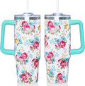 30 Oz Floral Tumbler with Handle and Straw, Floral Insulated Stainless Steel Coffee Travel Cup Mug Water Bottle, Unique Flower Gifts for Women