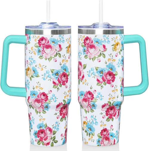 30 Oz Floral Tumbler with Handle and Straw, Floral Insulated Stainless Steel Coffee Travel Cup Mug Water Bottle, Unique Flower Gifts for Women