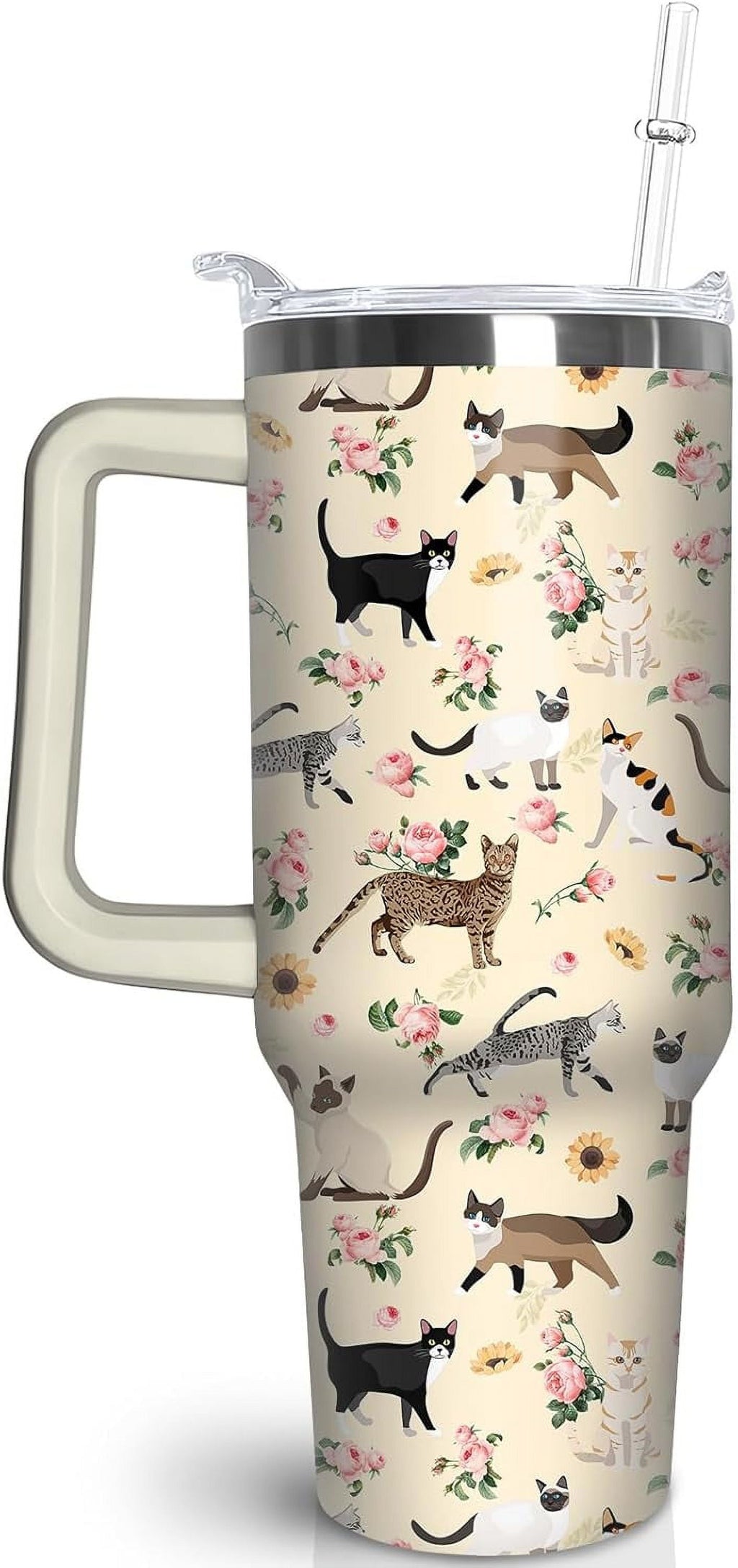 30 oz Cat Tumbler with Handle and Straw, Stainless Steel Vacuum Insulated Travel Coffee Mug Cup Water Bottle, Cat Stuff Accessories Decor, Cat Lover Gifts for Women Girls - Insulated Tumbler