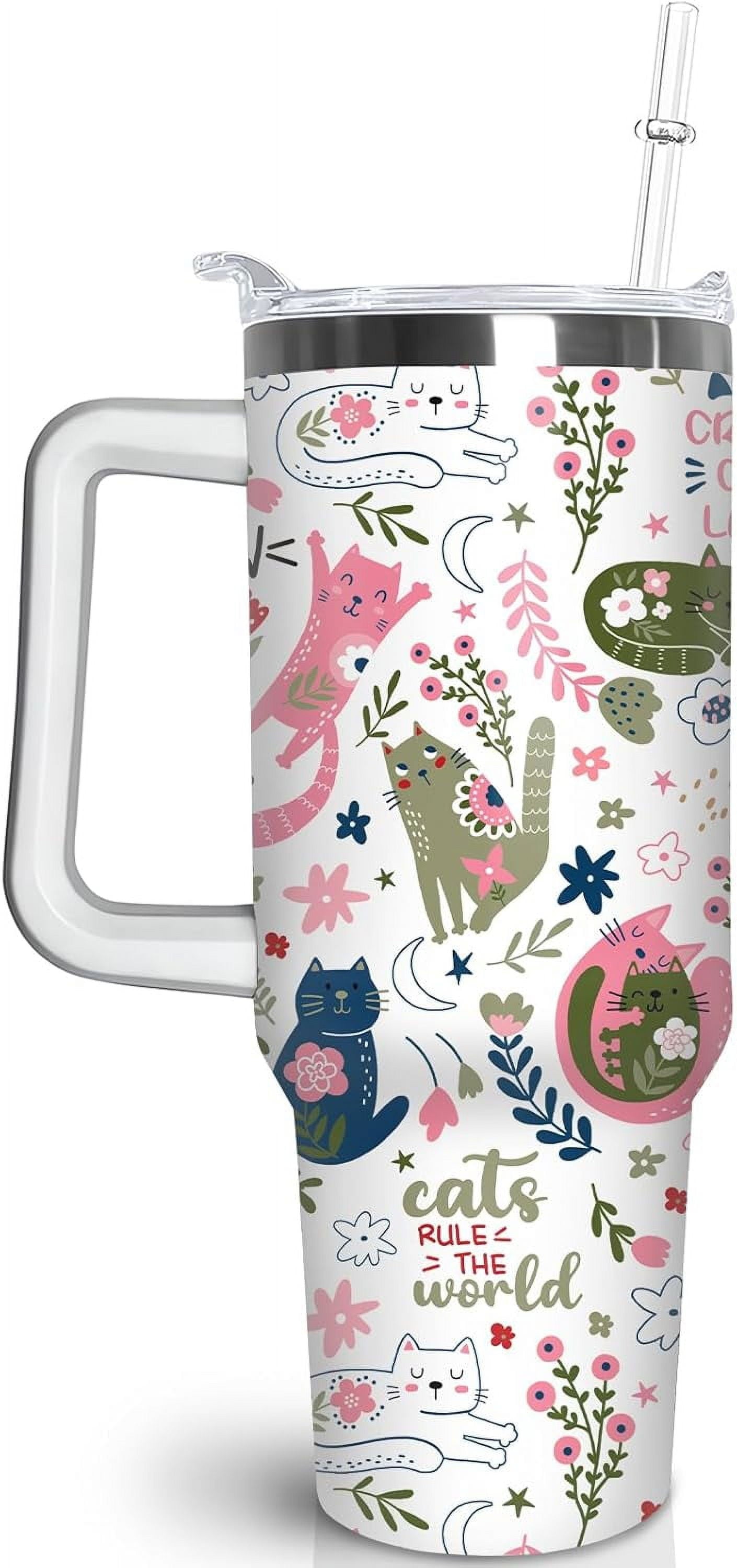 30 oz Cat Tumbler with Handle and Straw, Stainless Steel Vacuum Insulated Travel Coffee Mug Cup Water Bottle, Cat Stuff Accessories Decor, Cat Lover Gifts for Women Girls - Insulated Tumbler