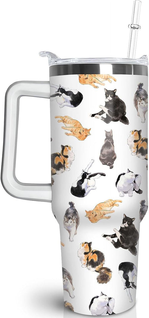 30 oz Cat Tumbler with Handle and Straw, Stainless Steel Vacuum Insulated Travel Coffee Mug Cup Water Bottle, Cat Stuff Accessories Decor, Cat Lover Gifts for Women Girls