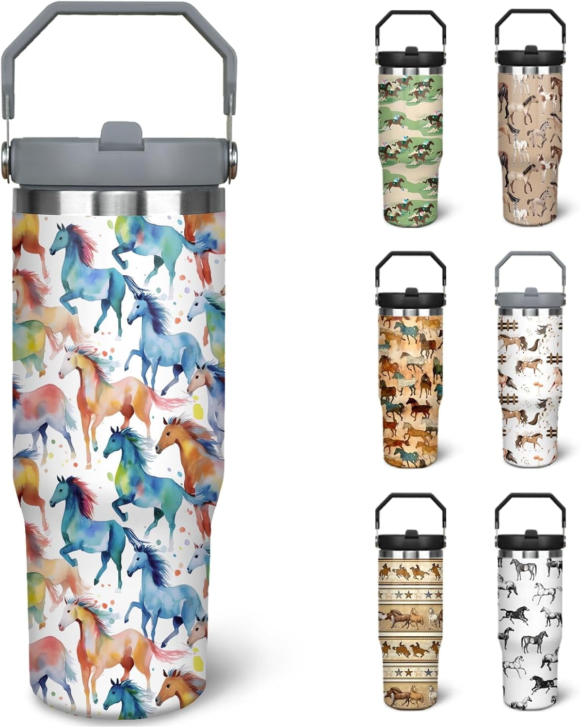 30 oz Horse Tumbler With Handle and Straw, 30oz Horse Flip Straw Tumbler Insulated Coffee Travel Mugs Cup Water Bottle Horse Gifts for Horse Lovers Women Girls - Insulated Tumbler