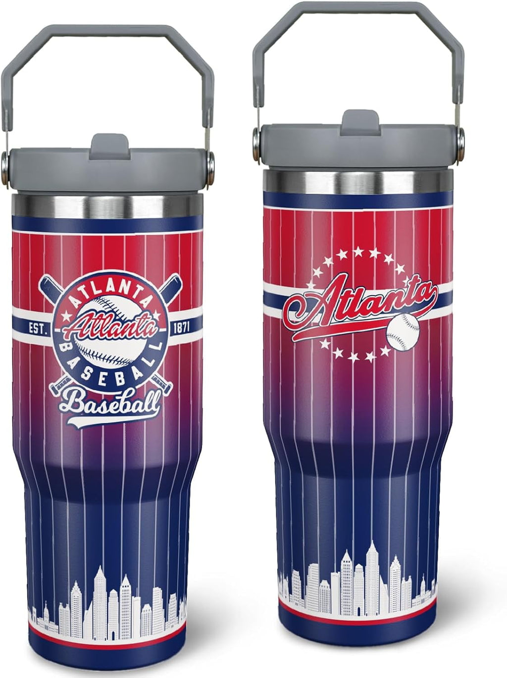 30oz Chicago Tumbler with Handle and Straw, Chicago Gifts for Men, Stainless Steel Vacuum Insulated Flip Straw Spill Proof Travel Mug Cup - Insulated Tumbler