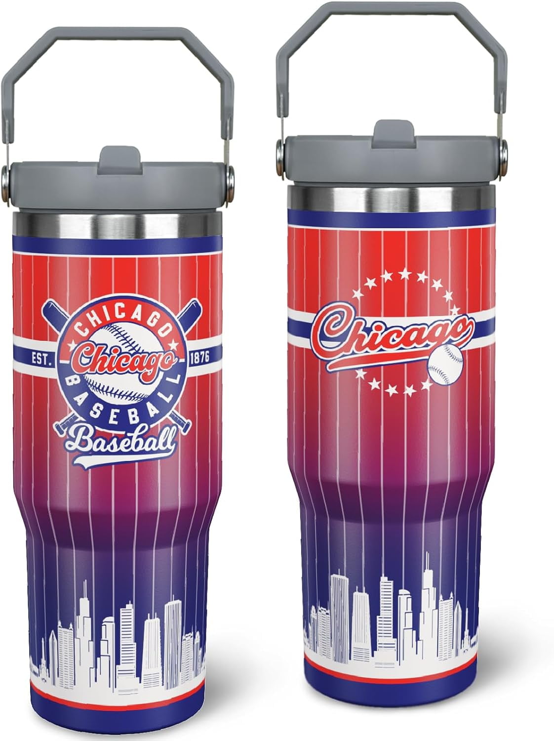 30oz Chicago Tumbler with Handle and Straw, Chicago Gifts for Men, Stainless Steel Vacuum Insulated Flip Straw Spill Proof Travel Mug Cup