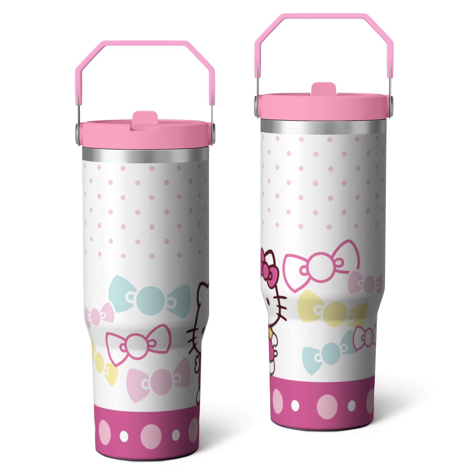 30oz Hello Kawaii Cat Cute Stainless Steel Tumbler with Lid and Straw,Spill Proof Travel Cup Double Wall Vacuum Insulated Coffee Mug with Top Handle Pink - Insulated Tumbler