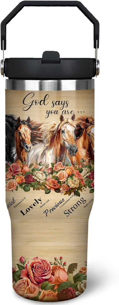 30oz Horse Tumbler Cup with Handle, 30 OZ Christ Christian Horse Travel Coffee Mug Water Bottle Stainless Steel Vacuum Insulated, Horse Decor Stuff Gifts for Women Girls Horse Accessories