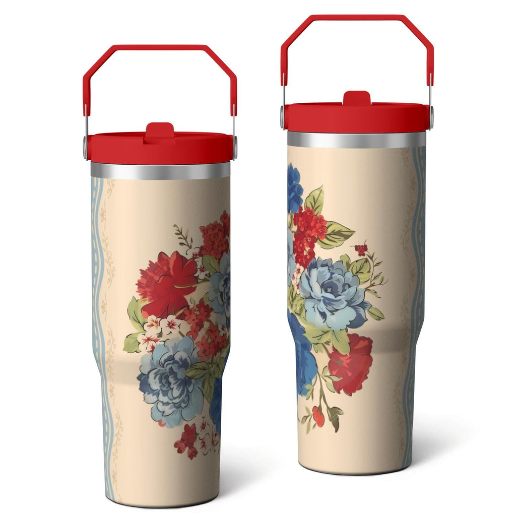 30oz Pioneer Colorful Floral Stainless Steel Flip Straw Tumbler with Lid and Straw Spill Proof Travel Cup Double Wall Vacuum Insulated Coffee Mug with Top Handled Pink - Insulated Tumbler