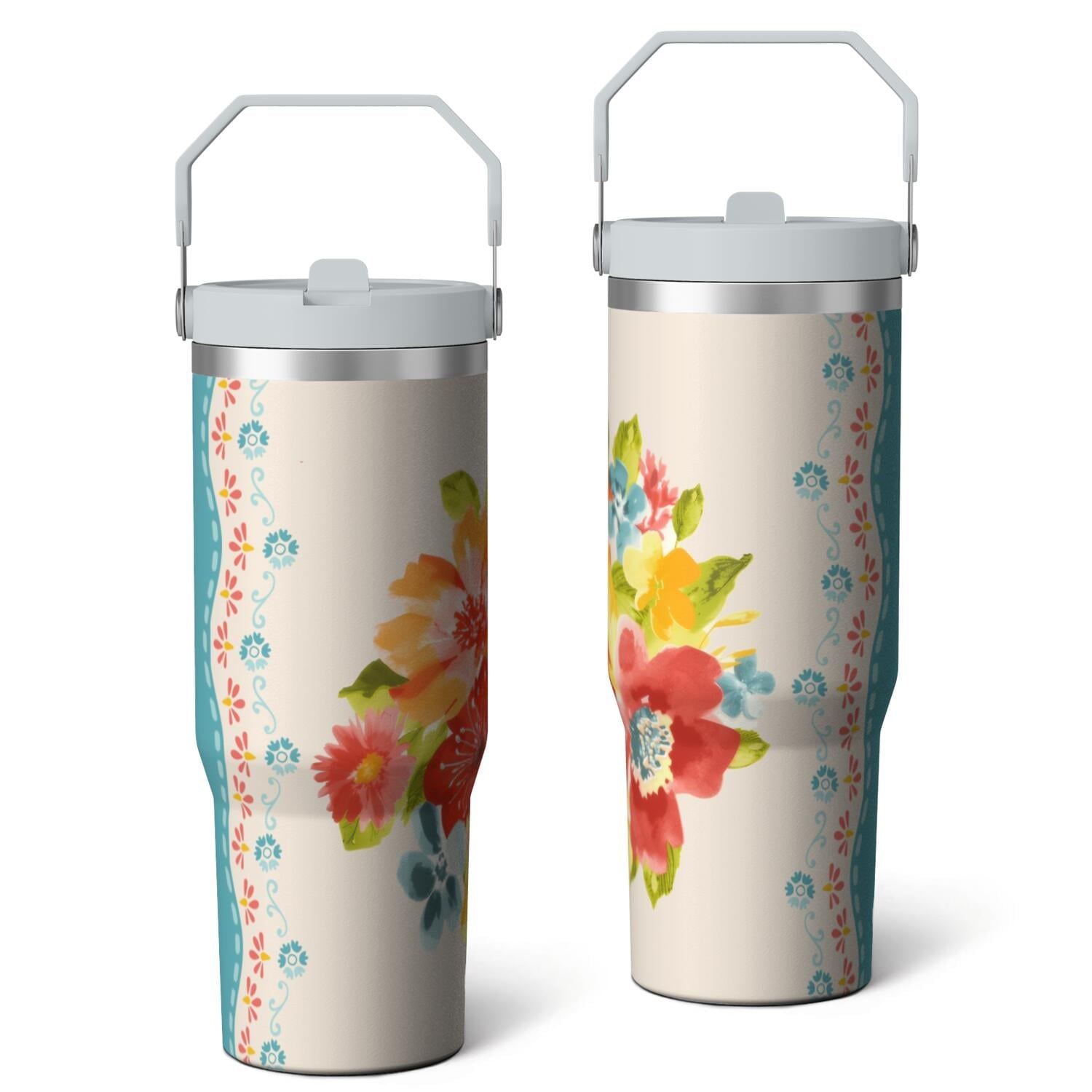 30oz Pioneer Colorful Floral Stainless Steel Flip Straw Tumbler with Lid and Straw Spill Proof Travel Cup Double Wall Vacuum Insulated Coffee Mug with Top Handled White - Tumbler