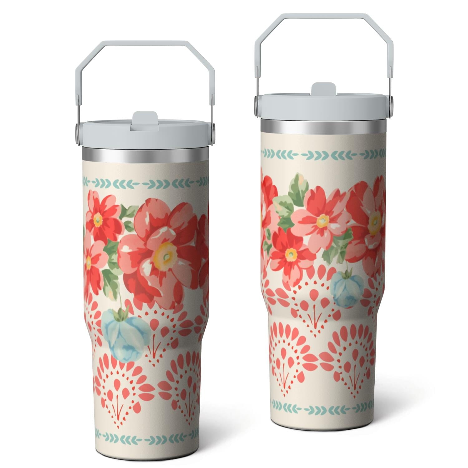 30oz Pioneer Colorful Floral Stainless Steel Flip Straw Tumbler with Lid and Straw Spill Proof Travel Cup Double Wall Vacuum Insulated Coffee Mug with Top Handled White - Tumbler