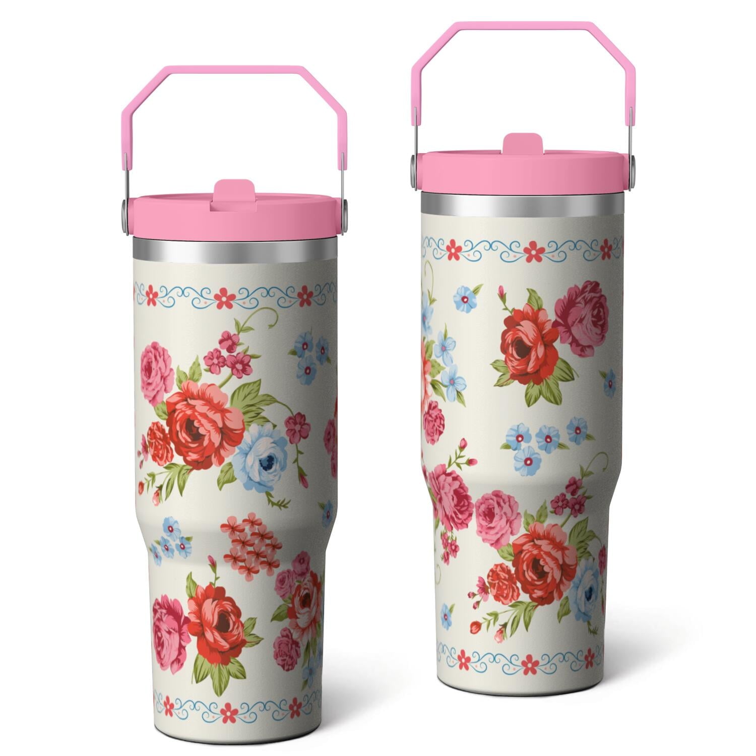 30oz Pioneer Colorful Floral Stainless Steel Flip Straw Tumbler with Lid and Straw Spill Proof Travel Cup Double Wall Vacuum Insulated Coffee Mug with Top Handled Pink - Insulated Tumbler