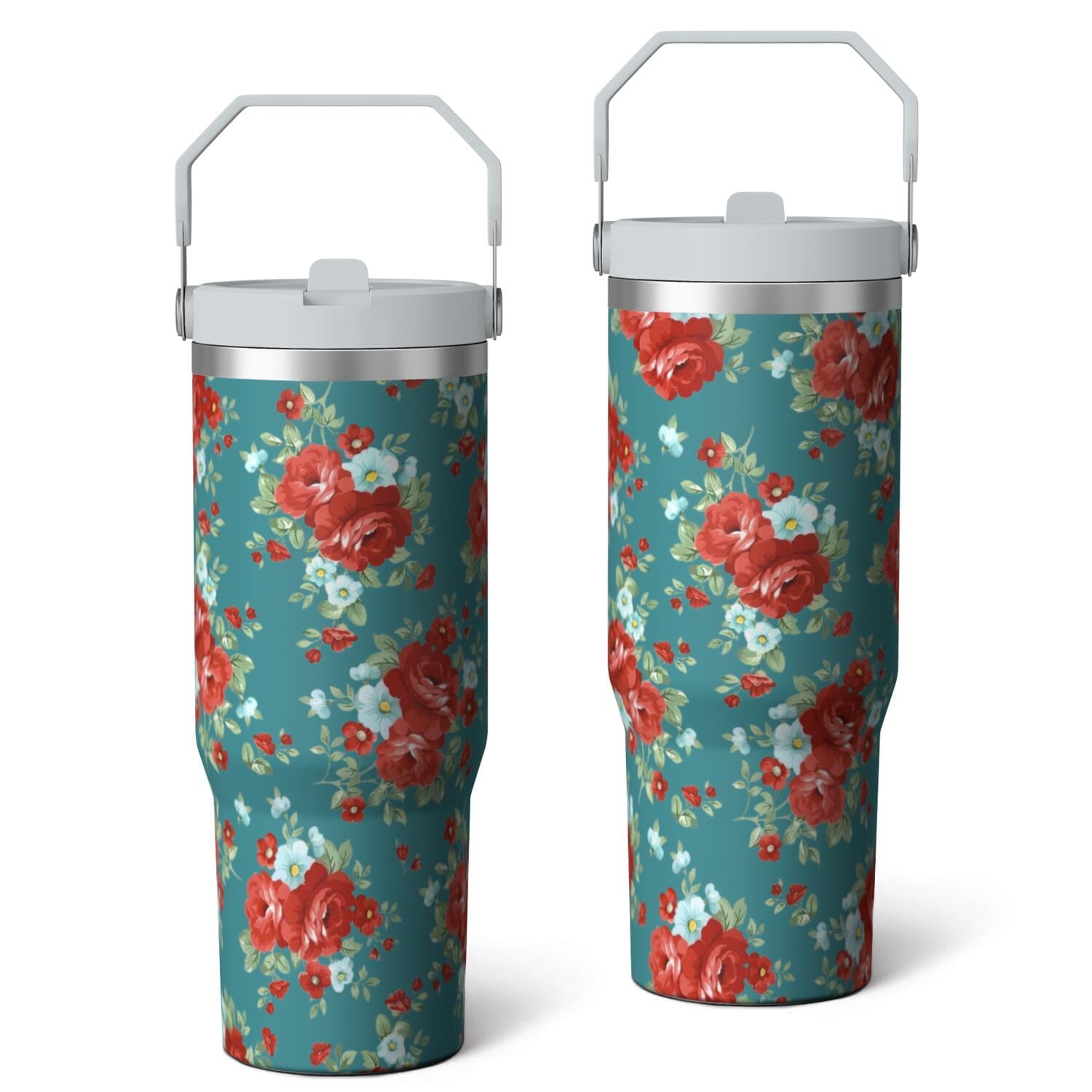 30oz Pioneer Colorful Floral Stainless Steel Flip Straw Tumbler with Lid and Straw Spill Proof Travel Cup Double Wall Vacuum Insulated Coffee Mug with Top Handled White - Tumbler