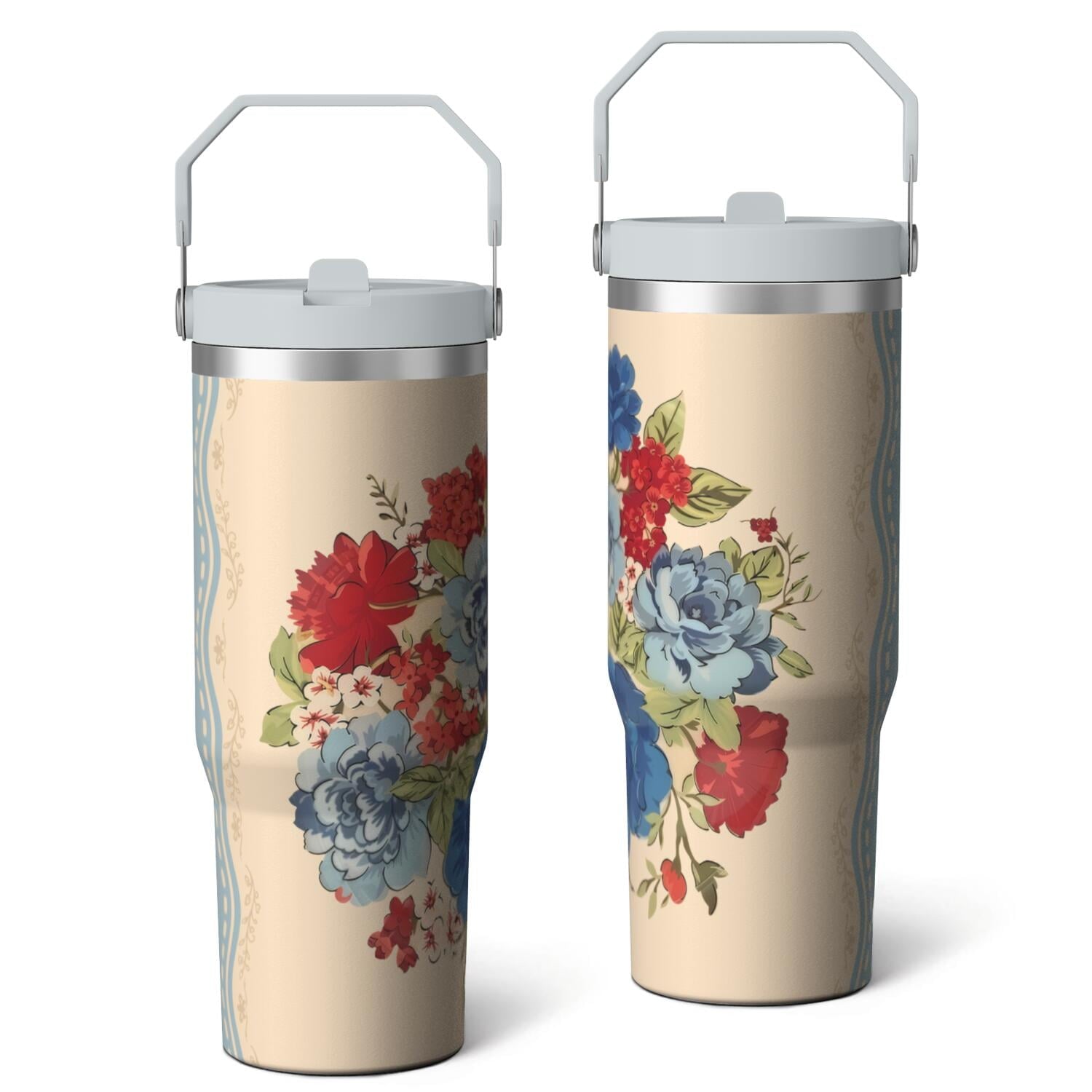 30oz Pioneer Colorful Floral Stainless Steel Flip Straw Tumbler with Lid and Straw Spill Proof Travel Cup Double Wall Vacuum Insulated Coffee Mug with Top Handled White - Insulated Tumbler