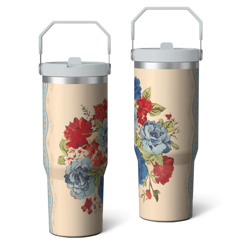 30oz Pioneer Colorful Floral Stainless Steel Flip Straw Tumbler with Lid and Straw Spill Proof Travel Cup Double Wall Vacuum Insulated Coffee Mug with Top Handled White - Tumbler