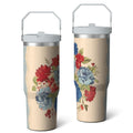 30oz Pioneer Colorful Floral Stainless Steel Flip Straw Tumbler with Lid and Straw Spill Proof Travel Cup Double Wall Vacuum Insulated Coffee Mug with Top Handled White - Tumbler