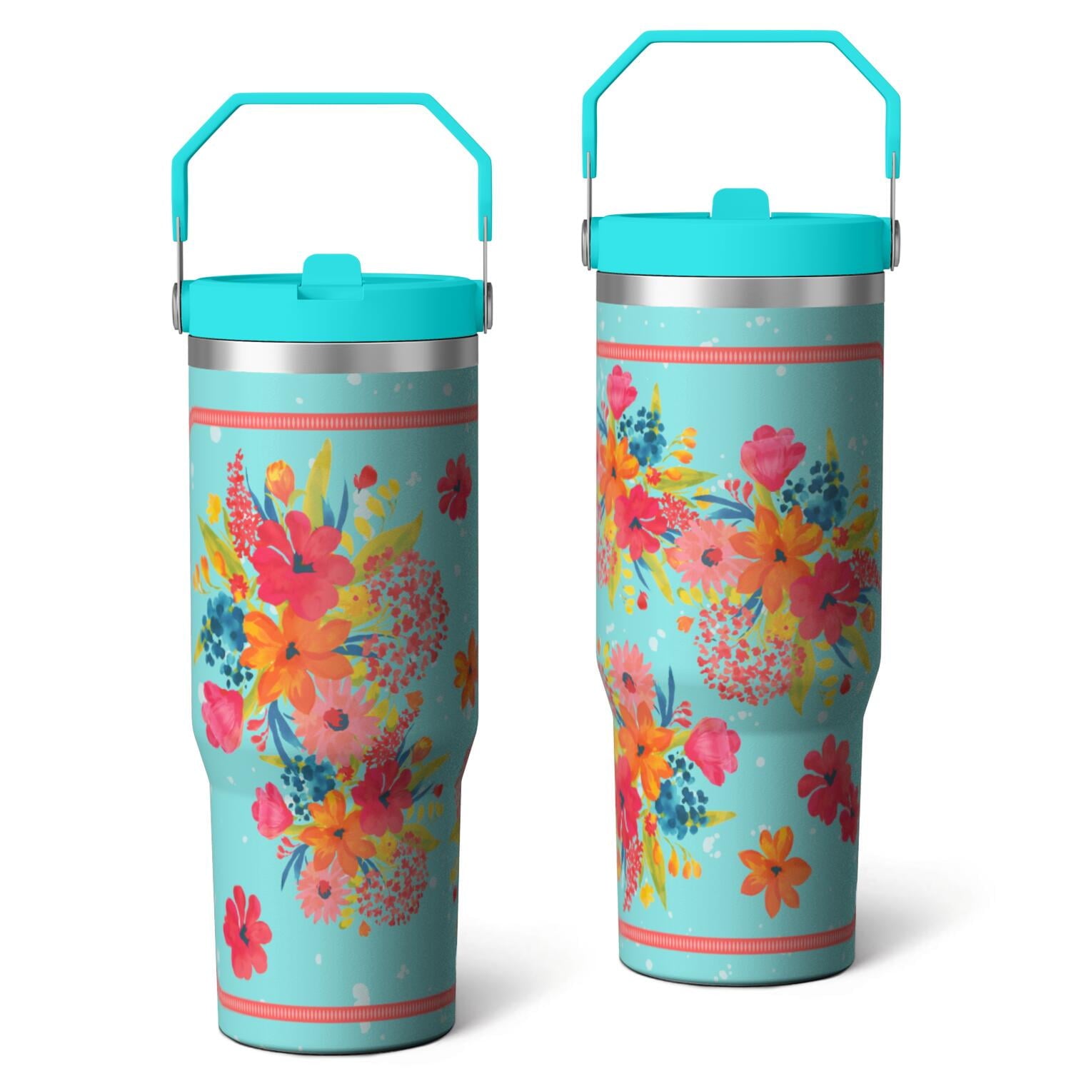 30oz Pioneer Colorful Floral Stainless Steel Flip Straw Tumbler with Lid and Straw Spill Proof Travel Cup Double Wall Vacuum Insulated Coffee Mug with Top Handled Pink - Tumbler