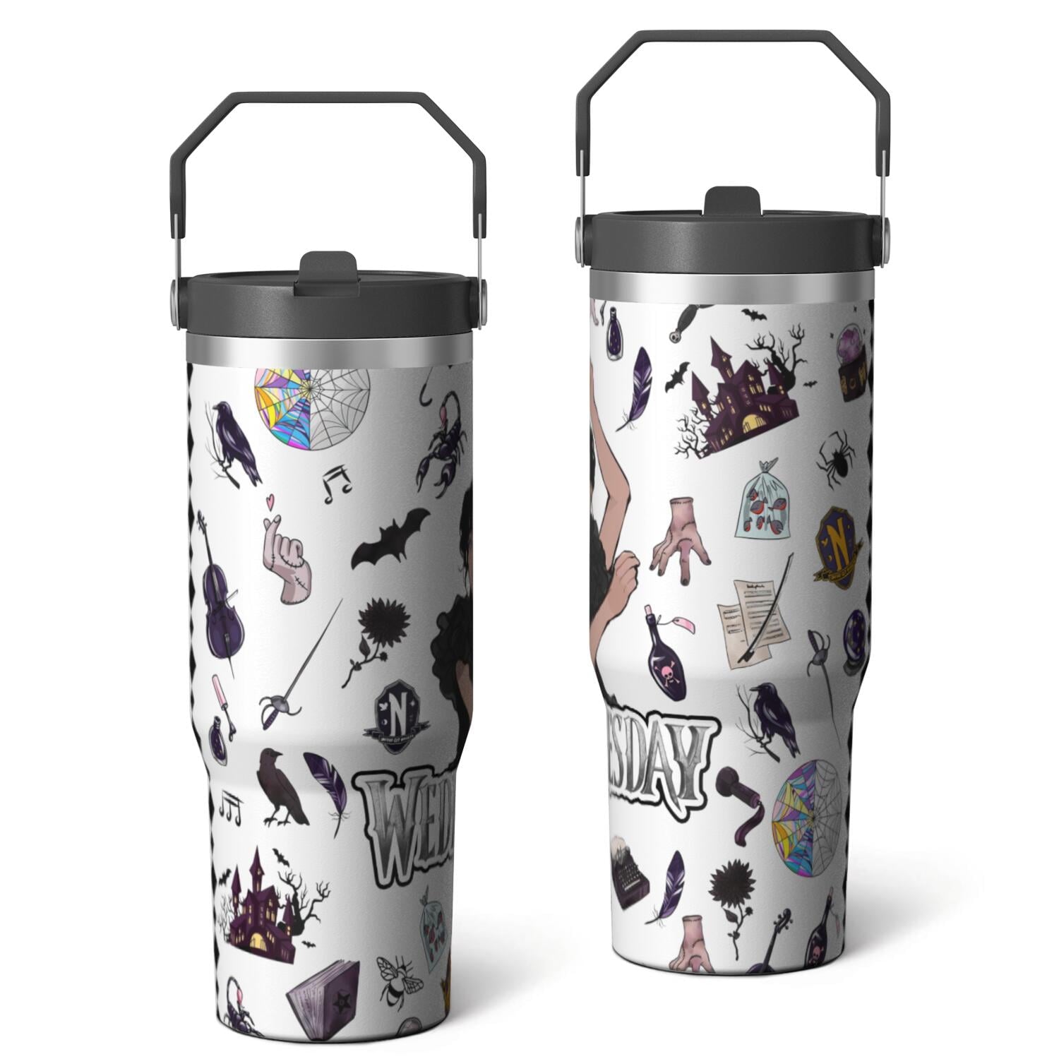 30oz Wednesday Girl Stainless Steel Tumbler with Lid and Straw,Wednesday Stuff Merchandise Spill Proof Travel Cup Double Wall Vacuum Insulated Coffee Mug with Top Handle Black - Insulated Tumbler