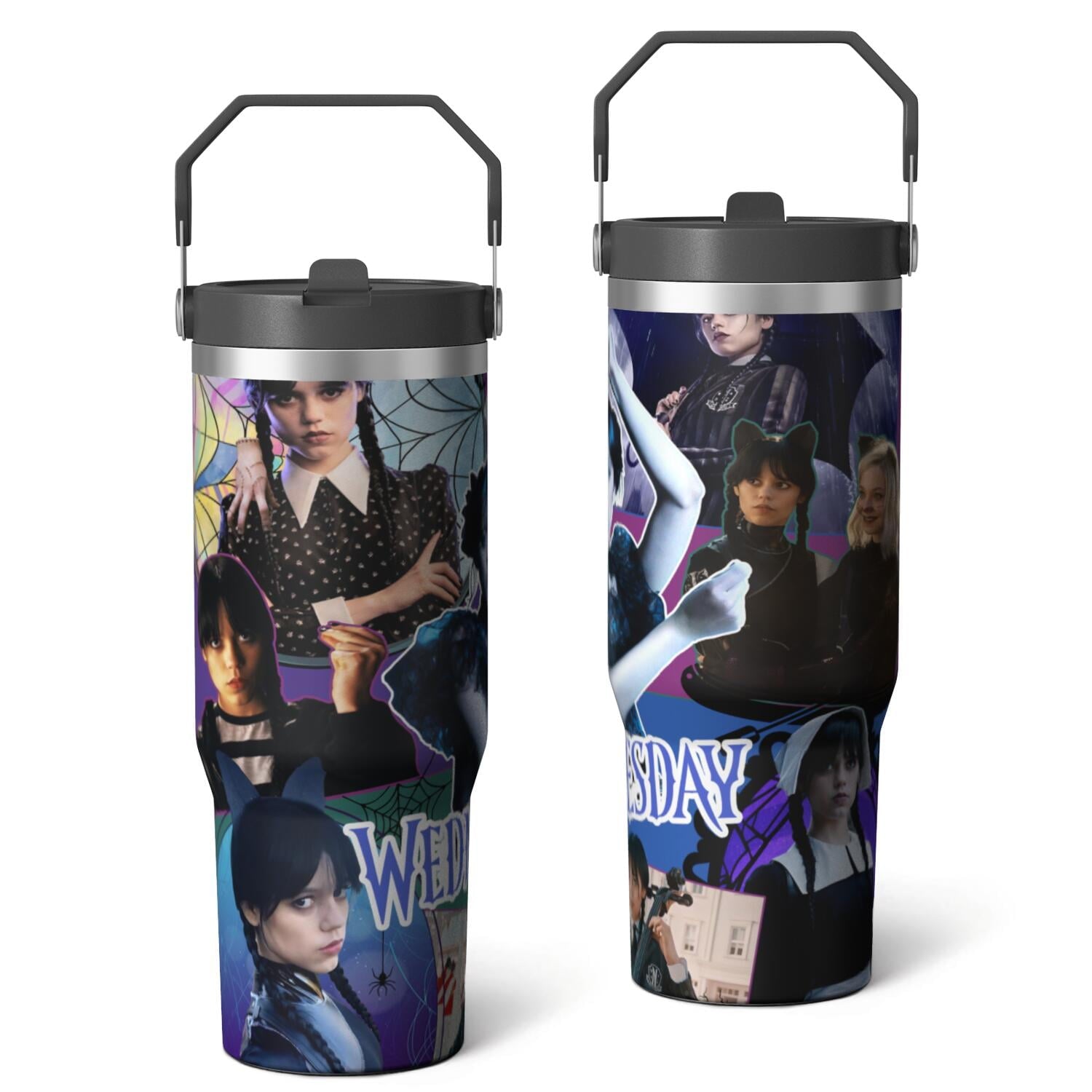 30oz Wednesday Girl Stainless Steel Tumbler with Lid and Straw,Wednesday Stuff Merchandise Spill Proof Travel Cup Double Wall Vacuum Insulated Coffee Mug with Top Handle Black - Insulated Tumbler