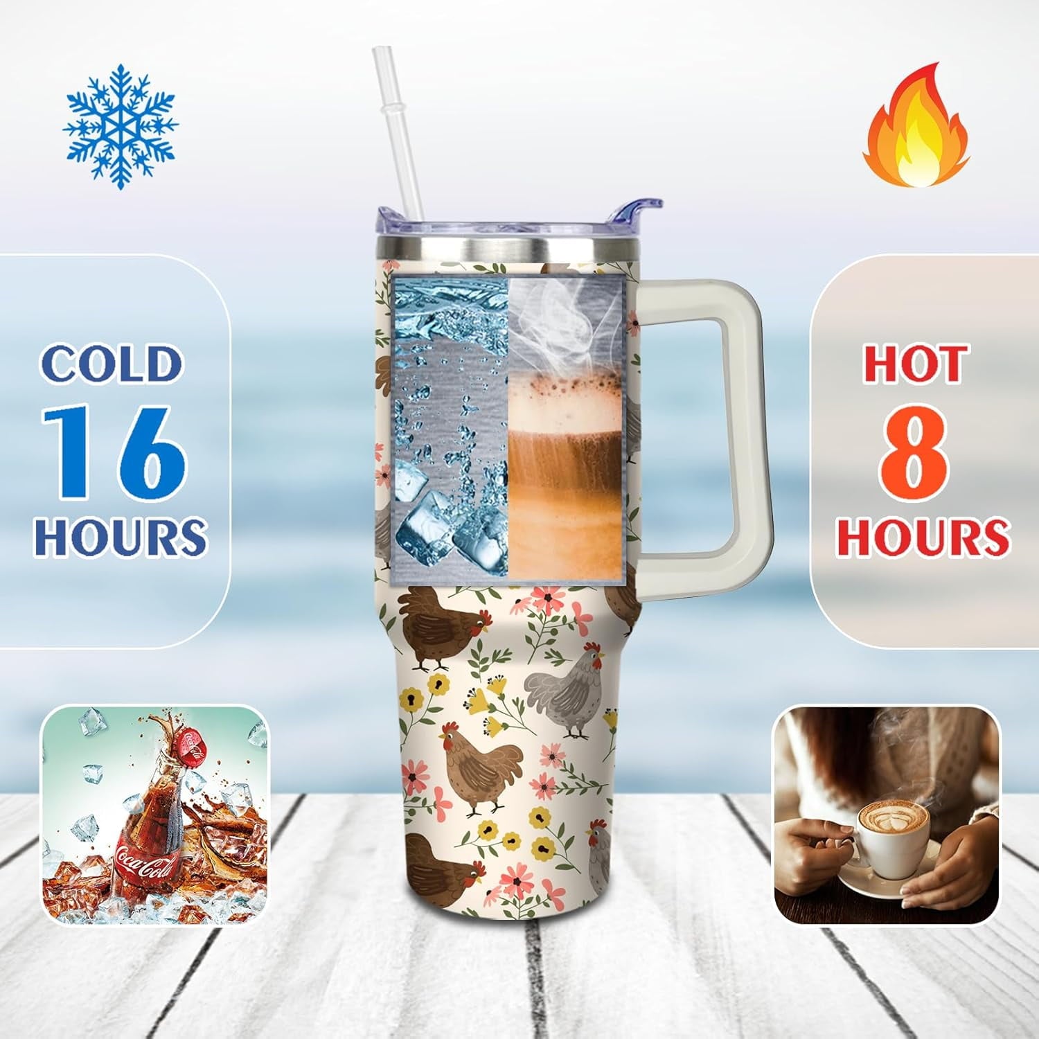 30 oz Chicken Tumbler with Handle and Straw, Floral Rooster Stainless Steel Vacuum Insulated Travel Coffee Mug Cup Water Bottle, Chicken Stuff Accessories Decor, Rooster Gifts for Women Girls
