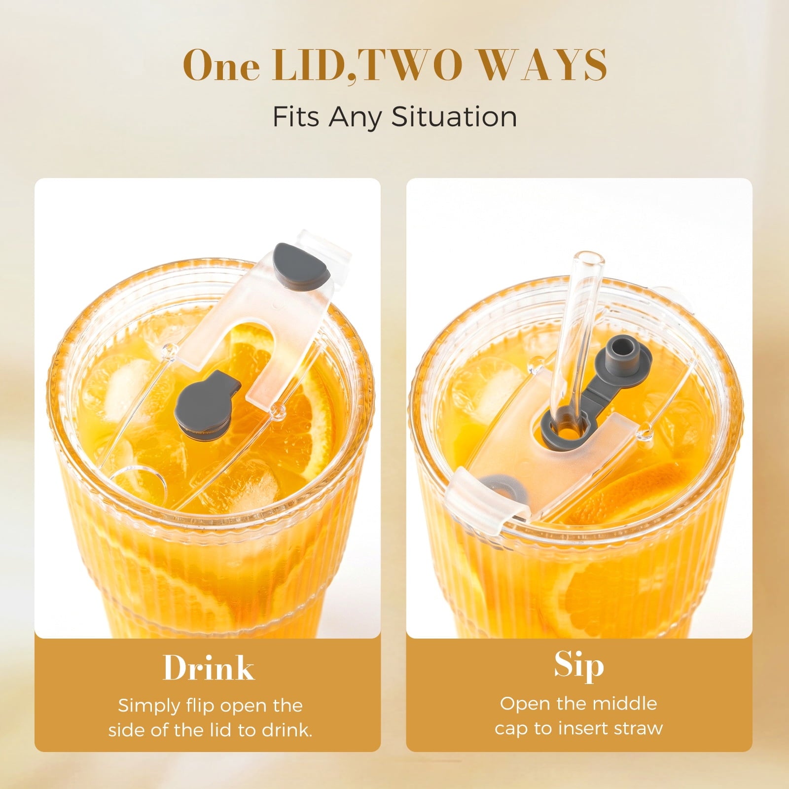 2 Pack Ribbed Glass Tumblers with Lids and Straws, 20oz Vintage Iced Coffee Cups, Clear Drinking Glasses