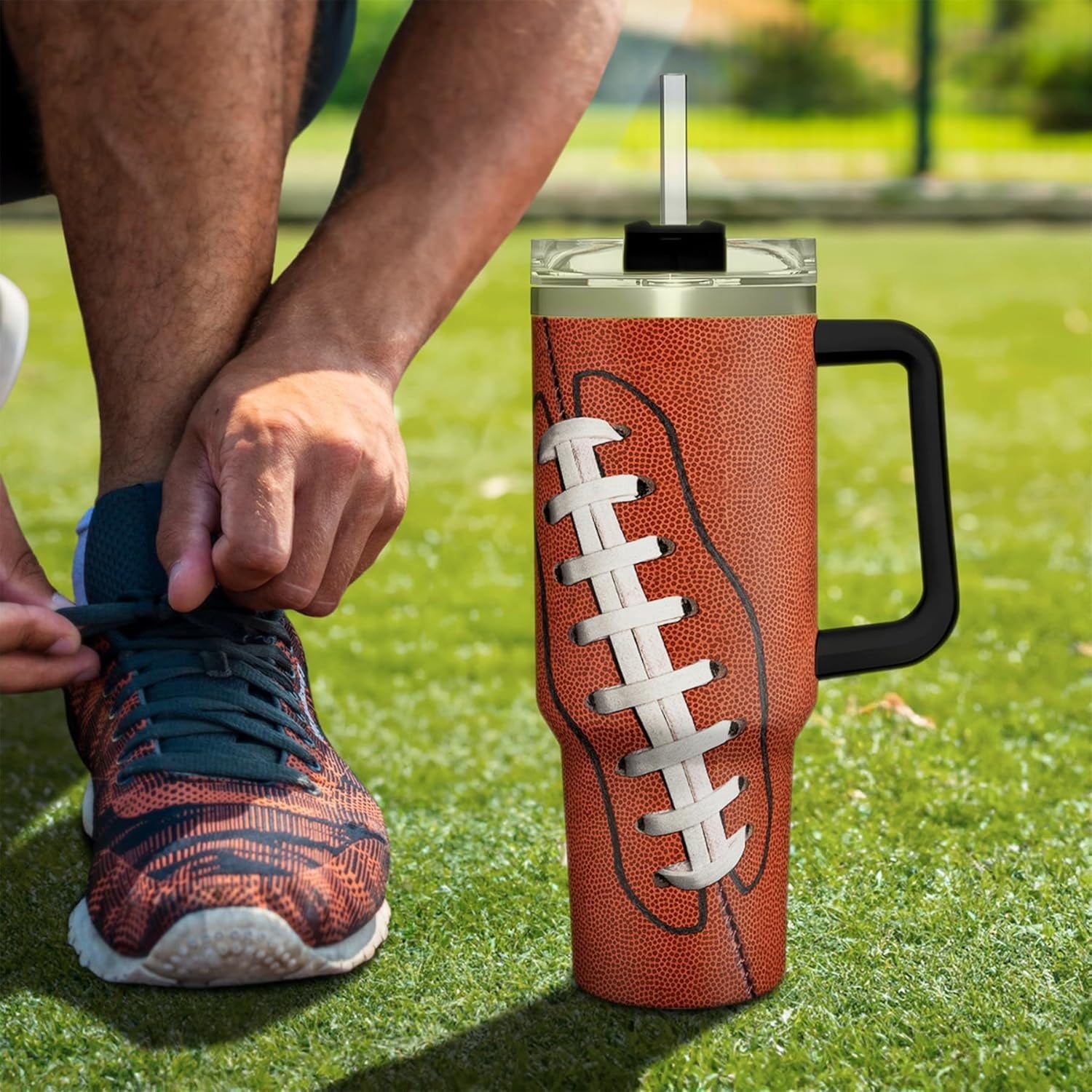 Football Tumbler with Handle 40oz Insulated Stainless Steel Cup with Lid & Straw, Travel Cup, Gifts for Men, Boys, Players, Coaches, Sports Lovers, Christmas, Birthday