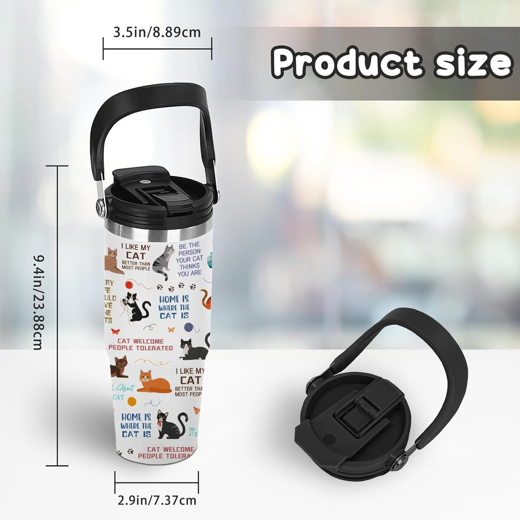Gift for Cat Lovers - 30oz Double-Wall Insulated Tumbler with Top Handle and Flip Straw, Gift for Cat Mom, Women, Birthday & Christmas, Great for Office, Car, Travel Use