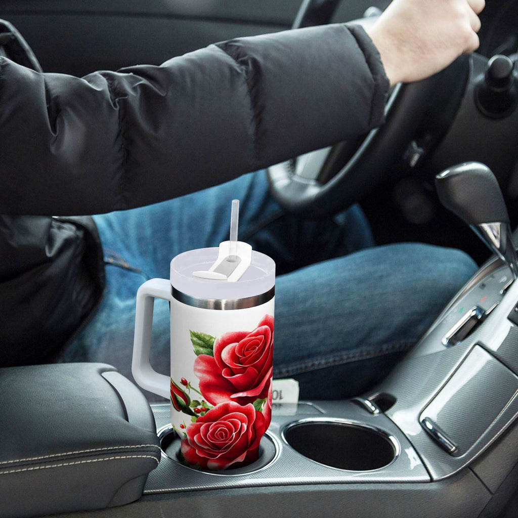 Ryvnso 40 oz Tumbler with Handle and Straw Insulated Stainless Steel Travel Mug with Lid Roses Flower