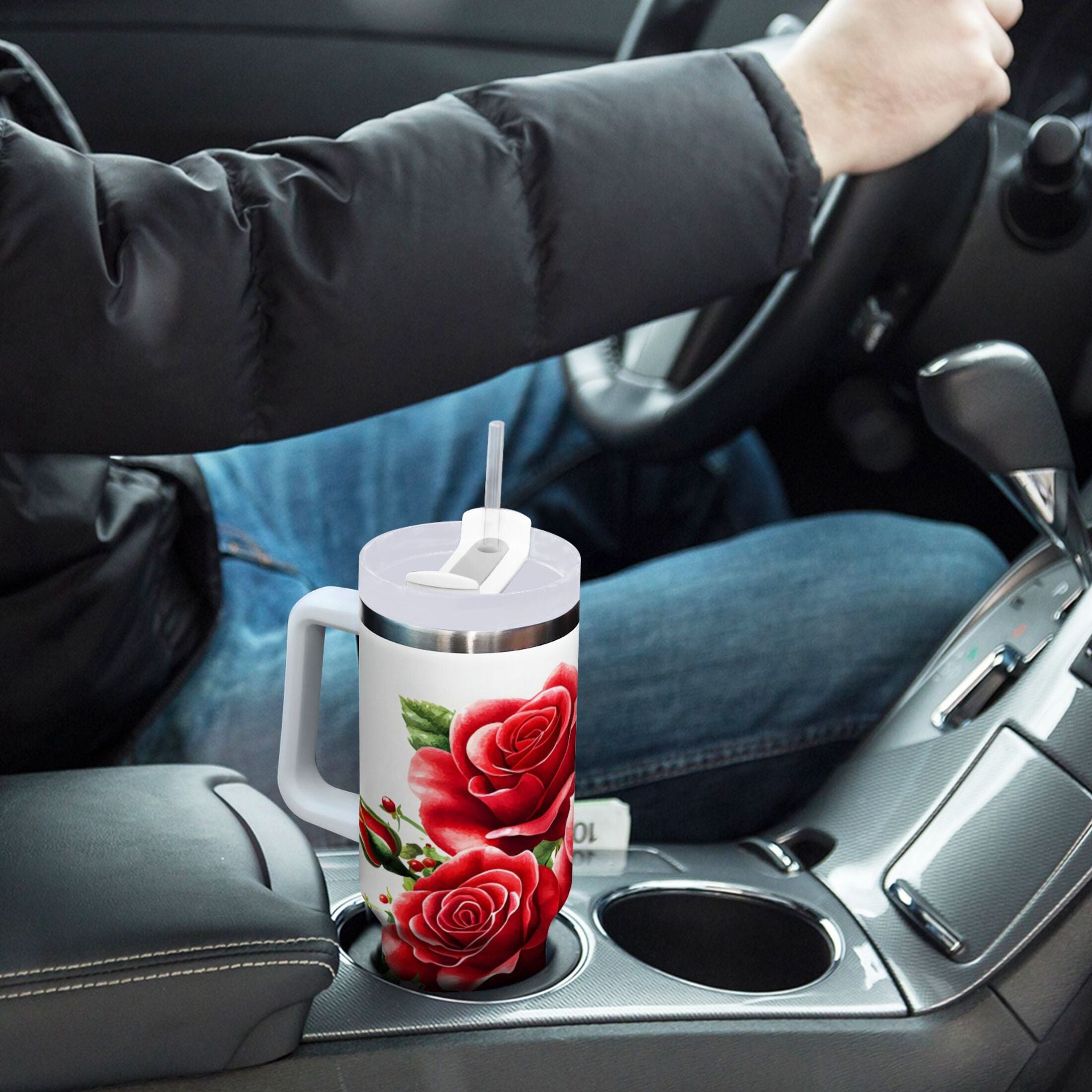 Ryvnso 40 oz Tumbler with Handle and Straw Insulated Stainless Steel Travel Mug with Lid Roses Flower