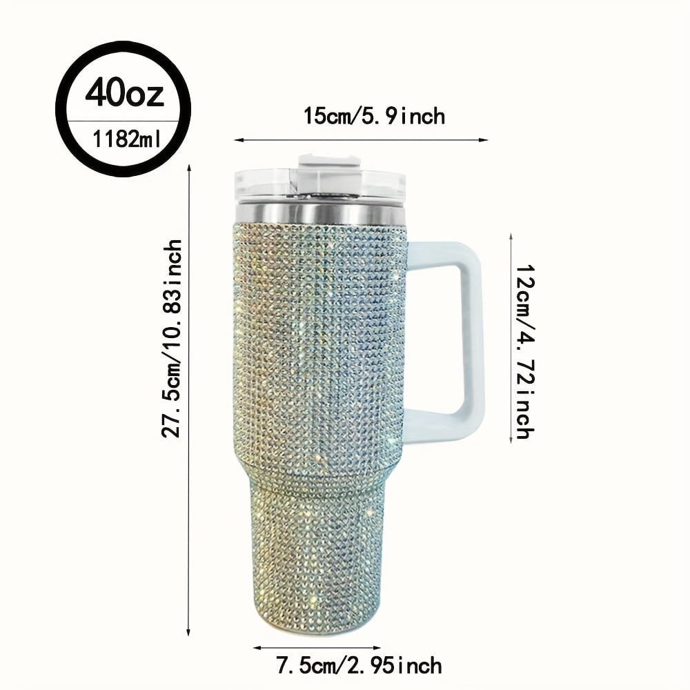 40oz Studded Bling Tumbler with Handle and Straw, Insulated Stainless Steel Double Wall Travel Mug, Rhinestone Diamond Water Cup, Car Cup Holder Friendly, Gifts for Women