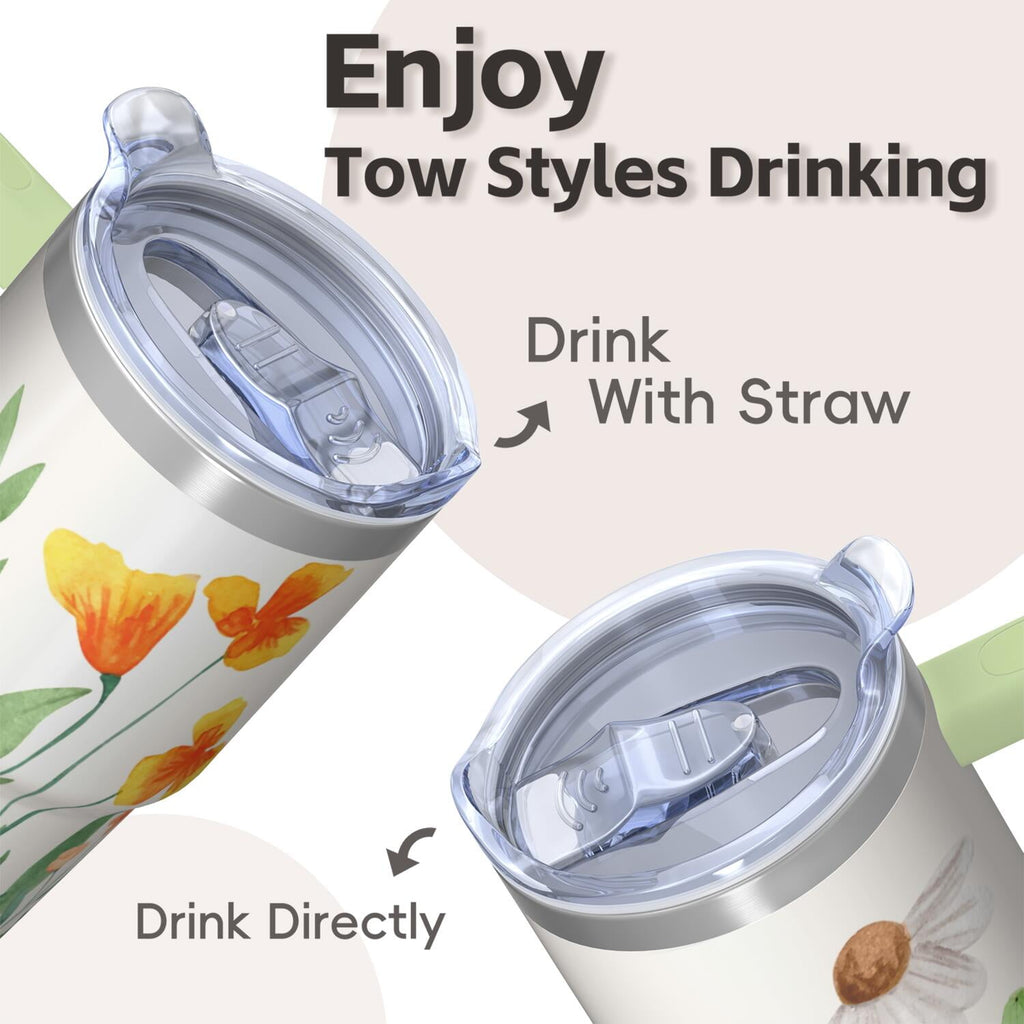 20oz Double Wall Coffee Travel Mug with Handle and Straw, Vintage Floral Chinoiserie Tumbler, Spring Design Gift