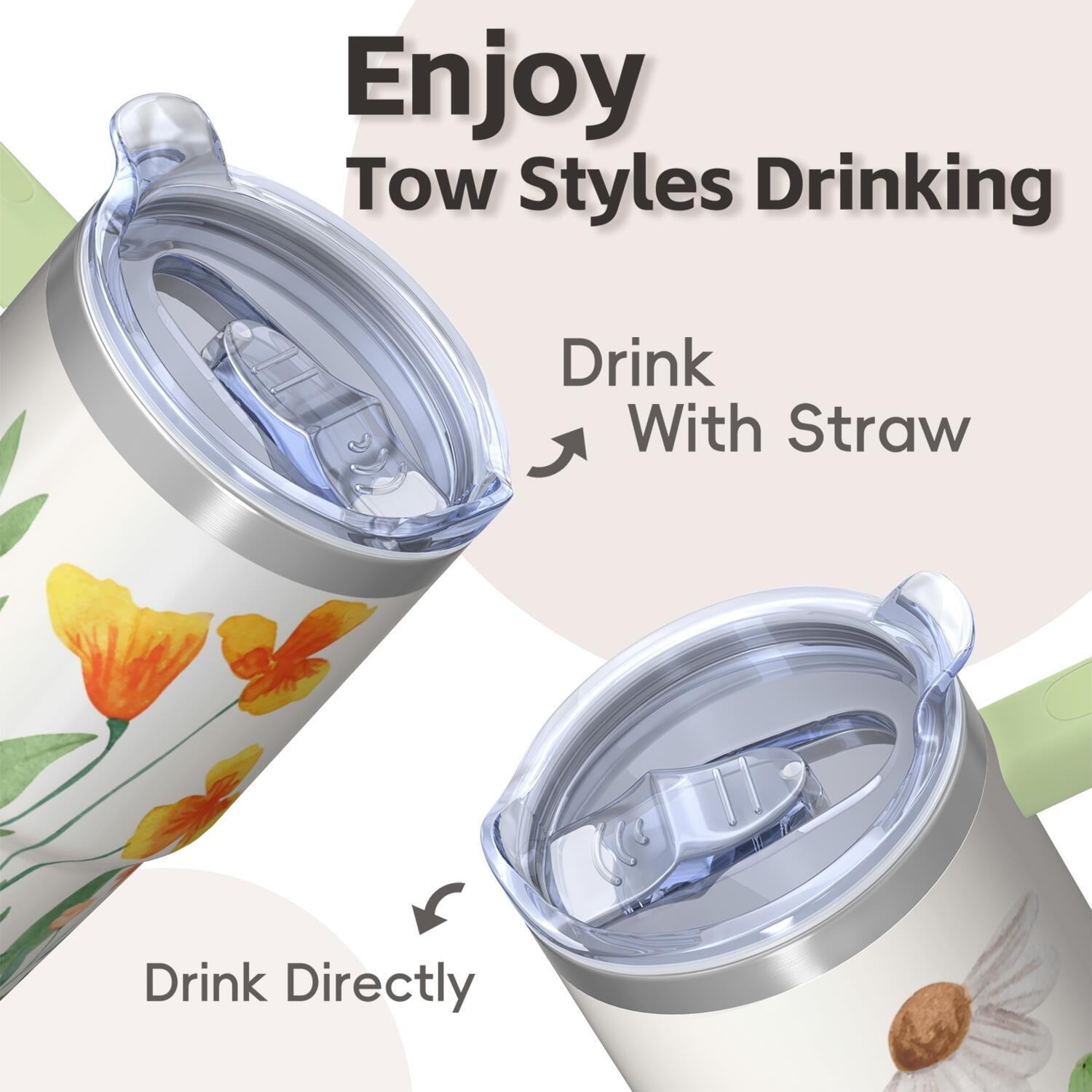 20oz Double Wall Coffee Travel Mug with Handle and Straw, Vintage Floral Chinoiserie Tumbler, Spring Design Gift