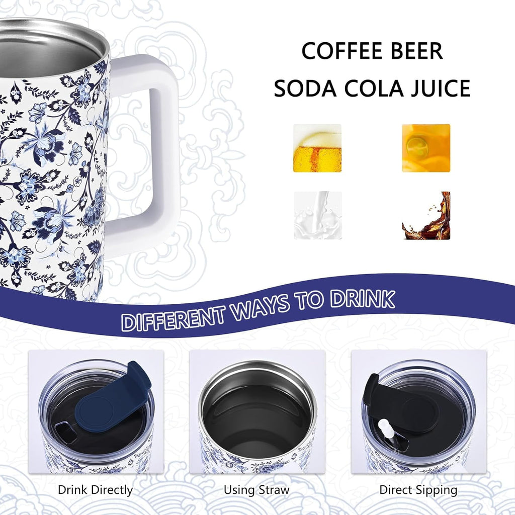 40oz Tumbler with Handle, Stainless Steel Insulated Travel Tumbler with Lid and Straw, Double Wall Vacuum Insulated Tumbler Mug, Thermal Cup for Home Outdoor, Blue and White Porcelain