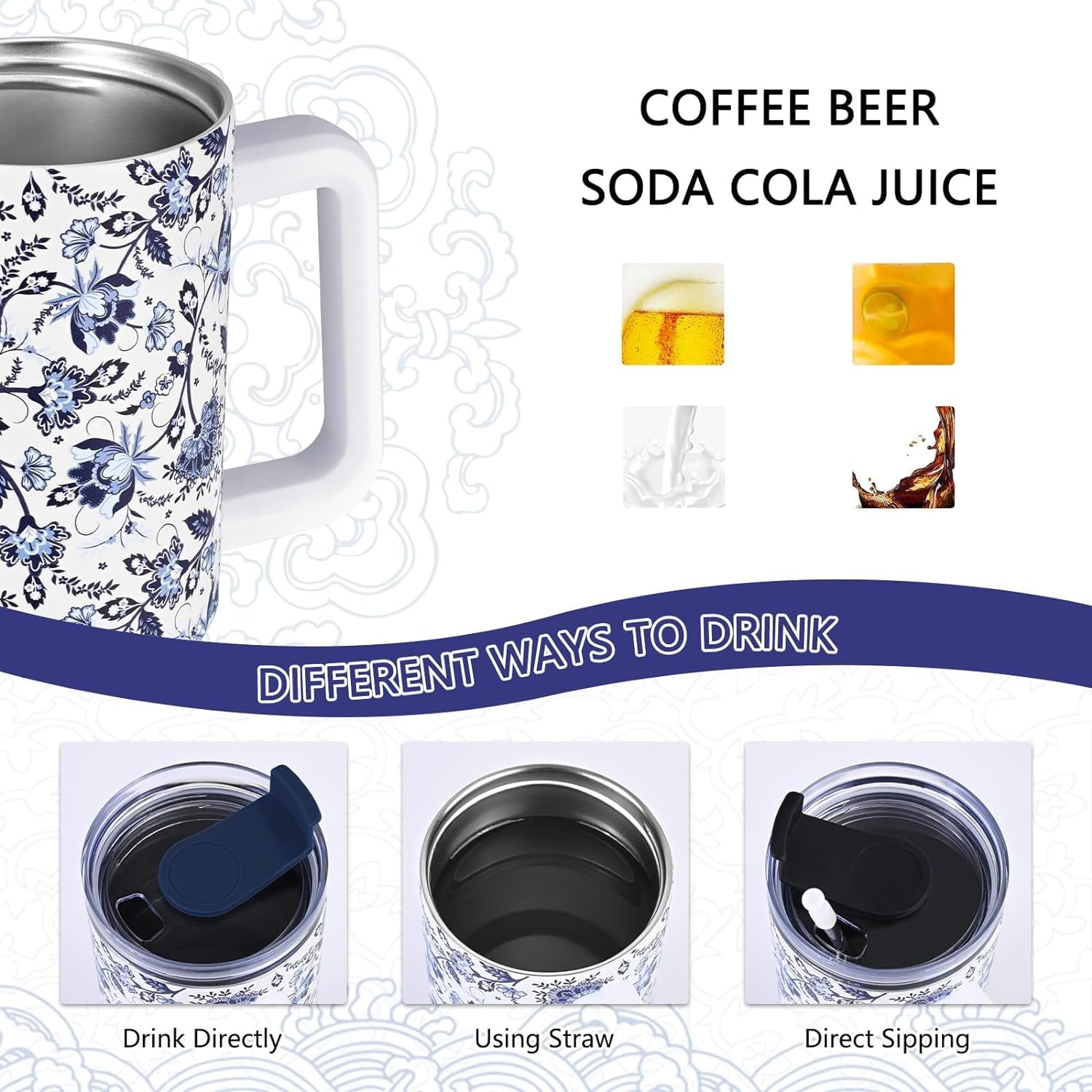 40oz Tumbler with Handle, Stainless Steel Insulated Travel Tumbler with Lid and Straw, Double Wall Vacuum Insulated Tumbler Mug, Thermal Cup for Home Outdoor, Blue and White Porcelain