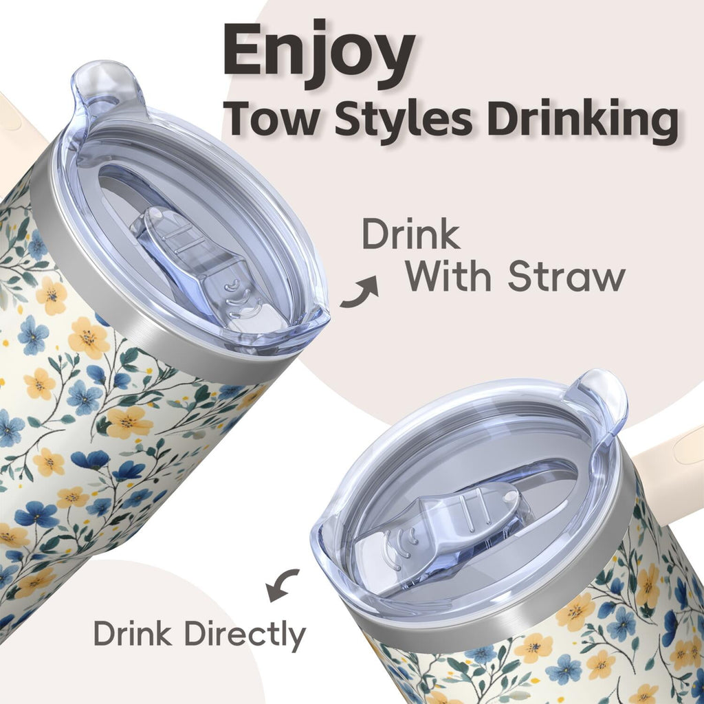 20oz Vintage Spring Tumbler with Handle and Straw, Floral Insulated Travel Coffee Cup, Chinoiserie Design Mug for Women