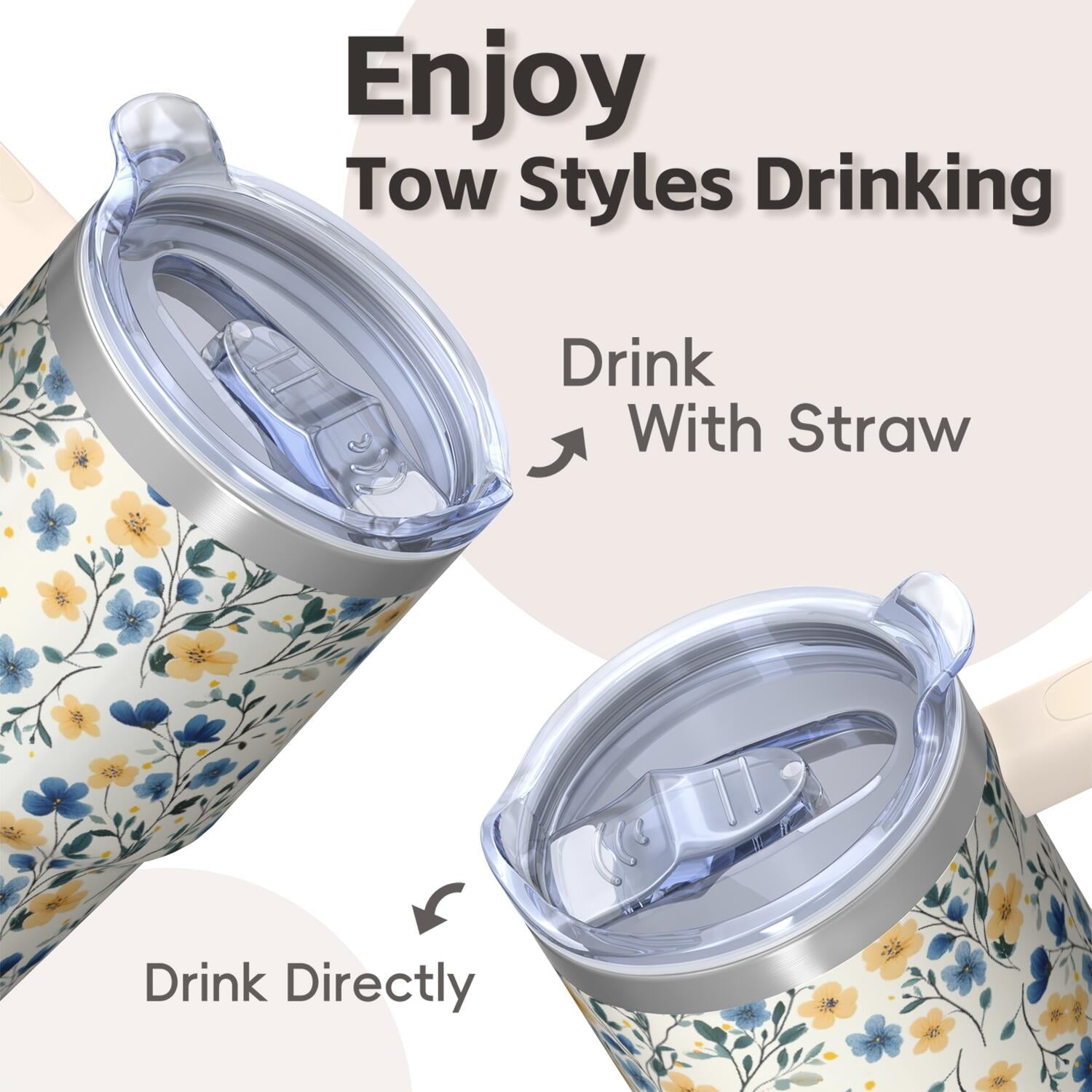 20oz Vintage Spring Tumbler with Handle and Straw, Floral Insulated Travel Coffee Cup, Chinoiserie Design Mug for Women