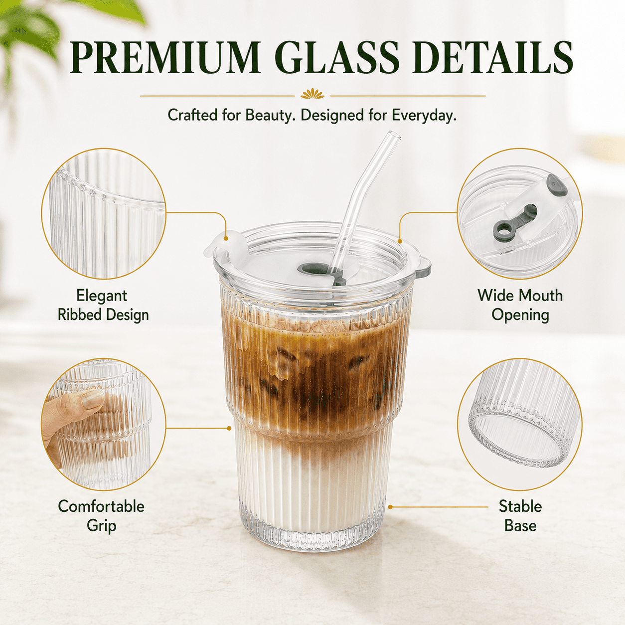 14 oz Ribbed Glass Tumblers with Lids and Glass Straws – 4-Piece Glassware Set, Thickened Wall, Ideal for Iced Coffee, Smoothies, Cocktails, and Juices – Elegant and Durable Drinkware